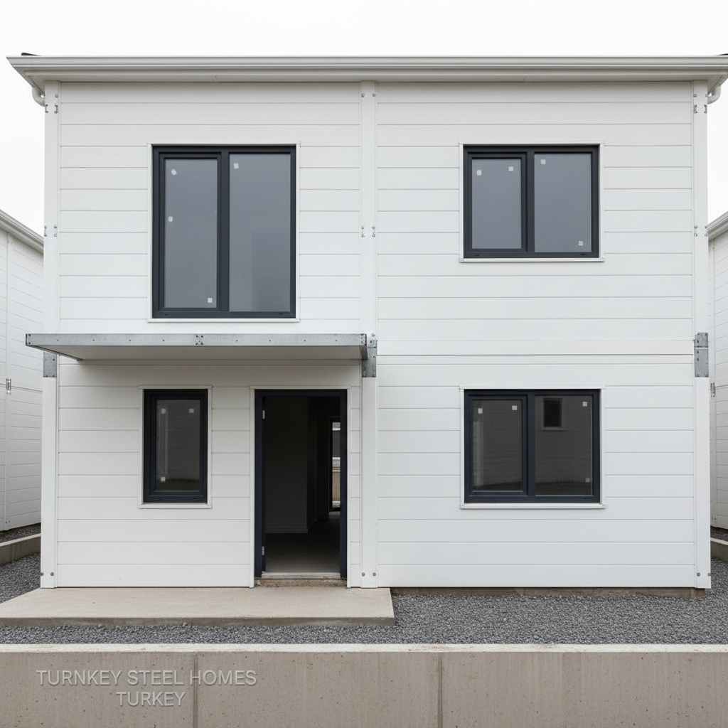 A close-up frontal view of a newly completed two-story steel house featuring white composite cladding, dark anthracite window frames, and a small covered entrance with a precise steel canopy. The façade reveals the crisp alignment of panels, perfect screw lines, and robust corner reinforcements, illustrating high construction standards. The home sits on a smooth concrete slab with a low perimeter wall and simple gravel edging. Soft overcast daylight creates even, diffused lighting without harsh shadows, emphasizing surface quality and details. Photographic realism, shot from a slightly elevated angle to fully show the façade geometry, with a clean, modern atmosphere that communicates professionalism and technical confidence in turnkey steel home construction across Turkey.