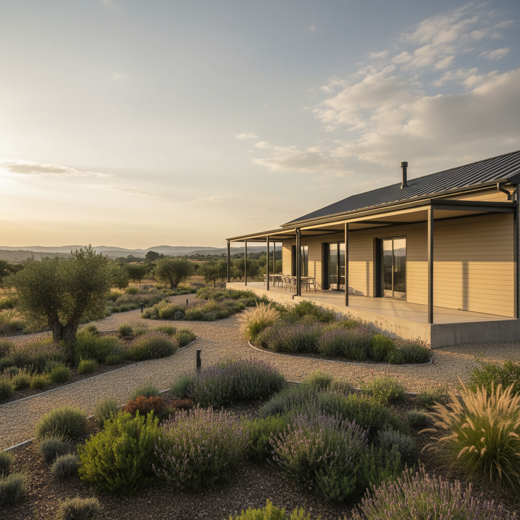 A landscaped steel villa concept designed for the Turkish countryside, featuring a low-slope dark metal roof, sand-colored exterior cladding, and deep covered terraces supported by slender steel columns. The house sits on a slightly raised platform overlooking a well-organized garden with native shrubs, gravel paths, and low-maintenance plants suited to various Turkish climates. Late afternoon sunlight washes the scene in a warm, comforting glow, accentuating the horizontal lines of the architecture and the fine texture of the cladding. Photographic realism, panoramic eye-level composition with sharp focus, balancing the house on the right third and the garden on the left, creating a serene, trustworthy atmosphere that highlights energy-efficient, earthquake-resistant steel living.