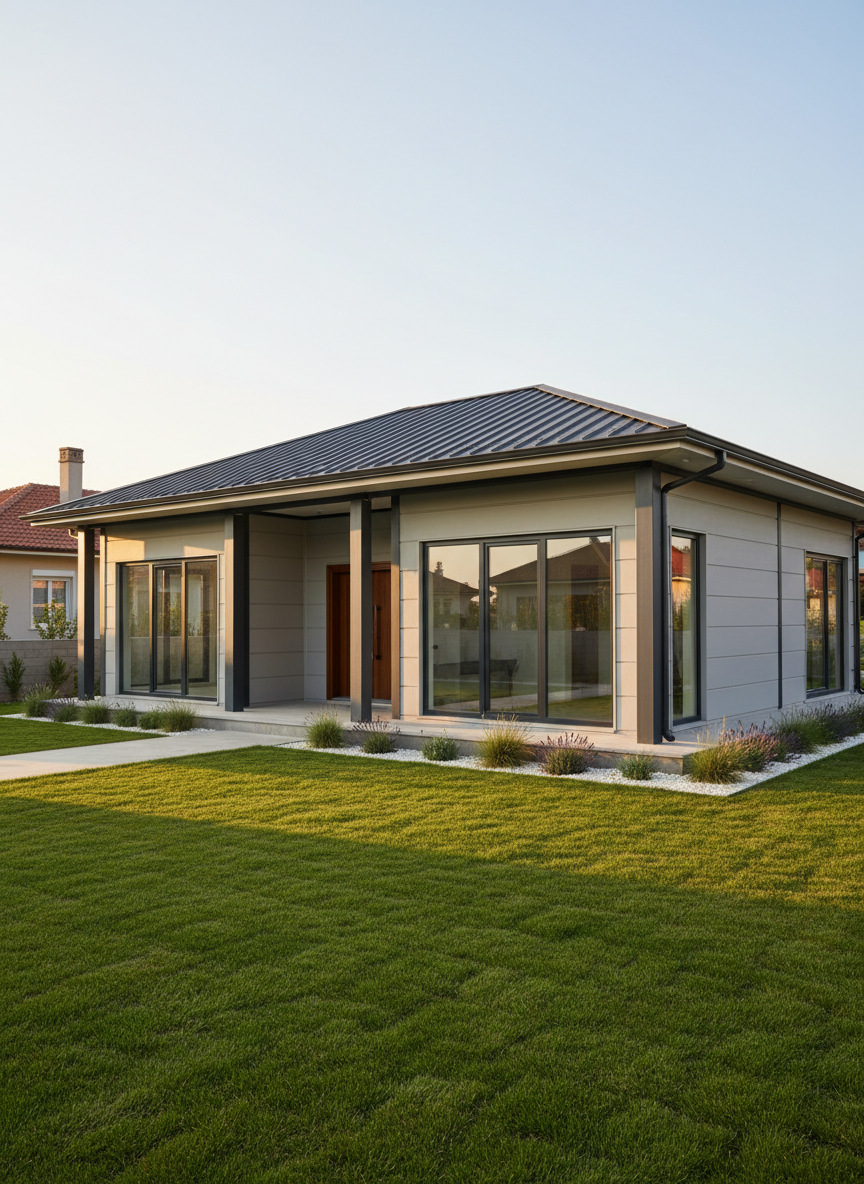 A modern, single-story steel-framed house with light gray insulated wall panels, charcoal metal roof, and large energy-efficient windows, standing on a neatly landscaped suburban plot in Turkey. The structure shows precise joints, clean welds, and robust columns, emphasizing durability and engineering quality. Surrounding the home are trimmed grass, minimalist flower beds, and a simple concrete walkway. Captured at golden hour with warm, low-angle sunlight highlighting the metal textures and casting soft, elongated shadows, the scene feels calm, reliable, and welcoming. Photographic realism, eye-level composition with sharp focus throughout, subtly using the rule of thirds to showcase both the steel house and its environment, reflecting a professional, turnkey steel home solution.