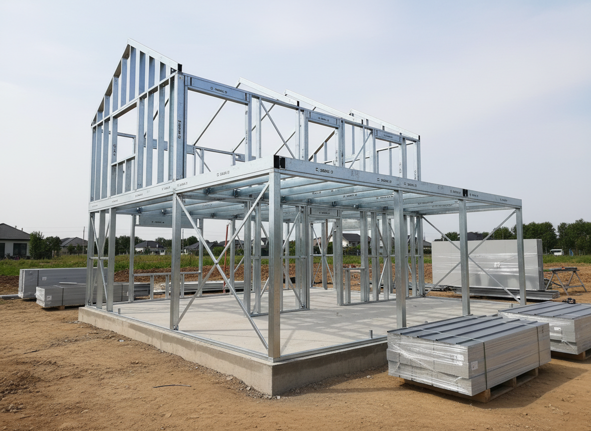 A detailed construction-stage scene of a steel house framework on a level plot, showing a meticulously assembled galvanized steel skeleton with bolted connections, cross-bracing, and floor joists, all labeled with small printed codes on each profile. The structure stands on a reinforced concrete foundation with visible anchor bolts and neatly finished edges. Around the frame, stacked insulated wall panels and roof sheets are organized on wooden pallets. Captured under bright but slightly hazy midday light, the metallic surfaces reflect softly without glare. Photographic realism, three-quarter perspective from a low angle to emphasize structural height and stability, with a clean, organized construction site atmosphere, illustrating the precision, speed, and professionalism of turnkey steel home installation before cladding is applied.