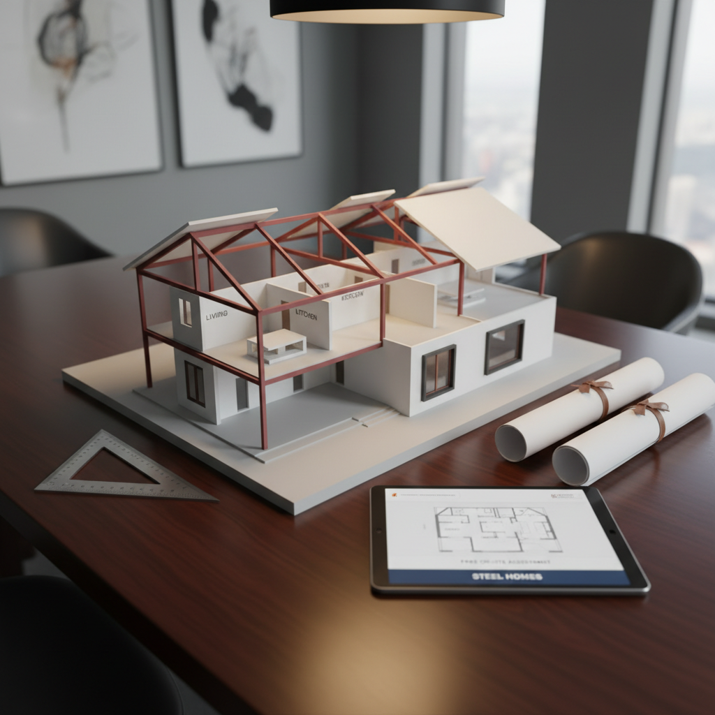 A polished office presentation scene showing a scaled physical architectural model of a Turkish steel house on a smooth dark wood desk, accompanied by neatly rolled technical drawings, a metal architect’s ruler, and a tablet displaying a floor plan. The model house has removable roof sections, visible steel framing, insulated walls, and labeled rooms, all in neutral whites and grays with subtle red markers for structural elements. Soft, warm studio lighting from above creates gentle highlights on the model’s edges and faint shadows on the desk, producing a focused, professional mood. Photographic realism, shot from a slightly elevated angle with shallow depth of field to keep the model and plans sharp while subtly blurring the background, conveying expertise, careful planning, and free on-site assessment for steel homes.