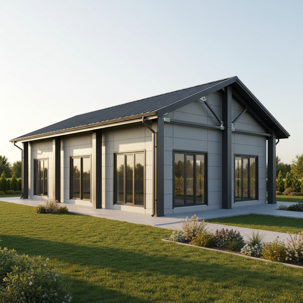 A modern, single-story steel-framed house with light gray insulated wall panels, charcoal metal roof, and large energy-efficient windows, standing on a neatly landscaped suburban plot in Turkey. The structure shows precise joints, clean welds, and robust columns, emphasizing durability and engineering quality. Surrounding the home are trimmed grass, minimalist flower beds, and a simple concrete walkway. Captured at golden hour with warm, low-angle sunlight highlighting the metal textures and casting soft, elongated shadows, the scene feels calm, reliable, and welcoming. Photographic realism, eye-level composition with sharp focus throughout, subtly using the rule of thirds to showcase both the steel house and its environment, reflecting a professional, turnkey steel home solution.