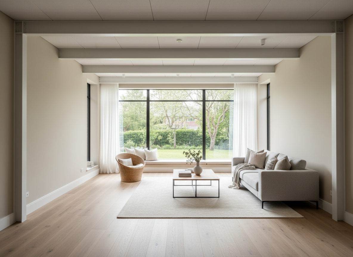 An interior living room of a steel house, showcasing exposed yet elegantly painted white steel beams integrated into a modern ceiling, smooth light beige walls, and large floor-to-ceiling windows framed in slim dark metal. A light oak laminate floor stretches across the space, meeting precisely cut skirting boards at perfect right angles. Outside the windows, a blurred, green suburban garden is visible. Natural daylight floods the room, softened by sheer white curtains, creating a bright, airy, and inviting mood. Photographic realism, wide-angle lens at eye level capturing the full breadth of the space with sharp focus, emphasizing structural clarity, insulation thickness at window reveals, and the comfort and warmth possible in a steel-framed home.